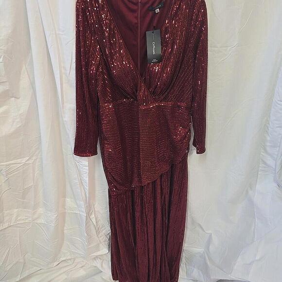 GIFFNISETI Sequins VTG Art Deco Long Sleeves Formal Gown 1XL Burgundy NWT - Picture 2 of 16